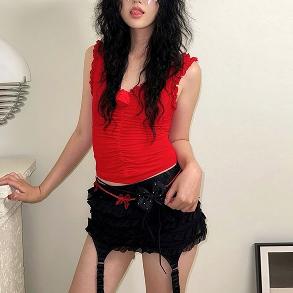 Pleated Design Retro T-shirt All Seasons Daily Use Fashion Top Hot Girl Style - Picture 17 of 27