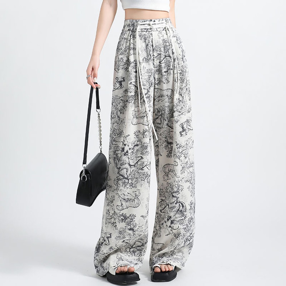 Grey Women's Casual Pants with High Waist and Ink Print Wide Leg Design - Picture 8 of 12