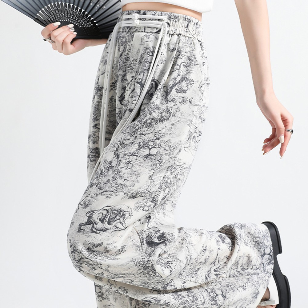 Grey Women's Casual Pants with High Waist and Ink Print Wide Leg Design - Picture 12 of 12