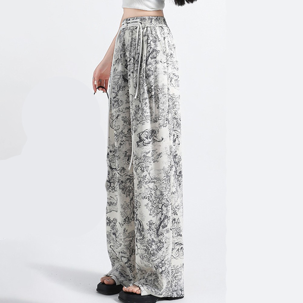 Grey Women's Casual Pants with High Waist and Ink Print Wide Leg Design - Picture 9 of 12