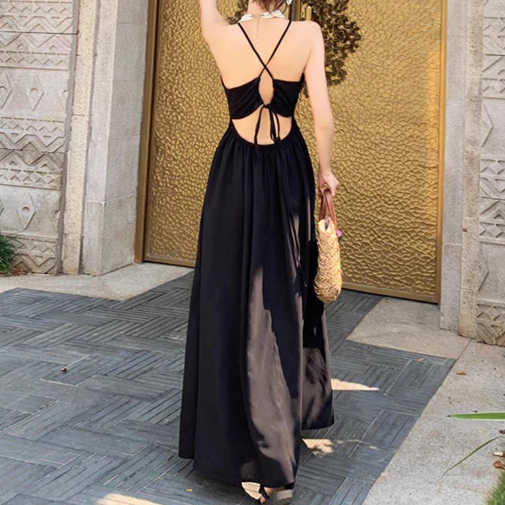 Glamouröses schwarzes Damen rückenfreies Neckholder Kleid modisch langer Rock - Picture 18 of 42