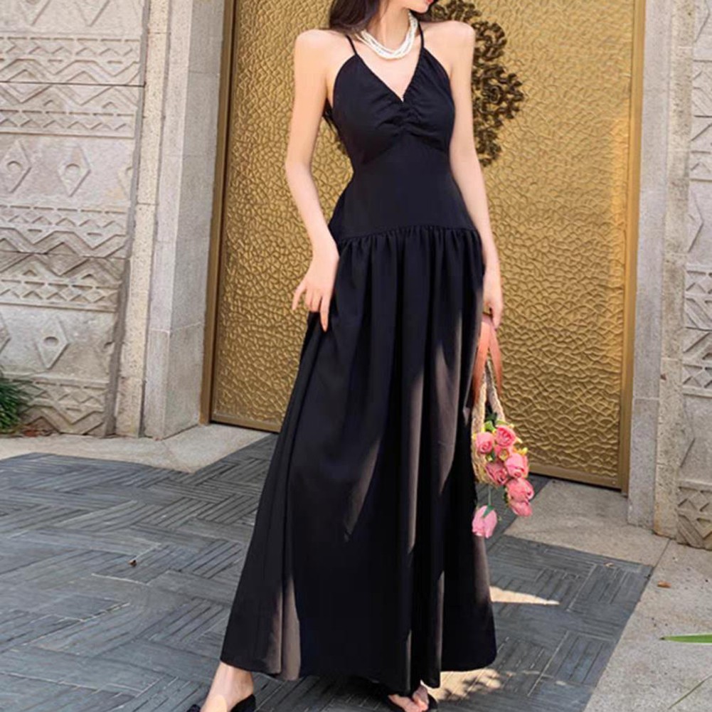 Glamouröses schwarzes Damen rückenfreies Neckholder Kleid modisch langer Rock - Picture 17 of 42