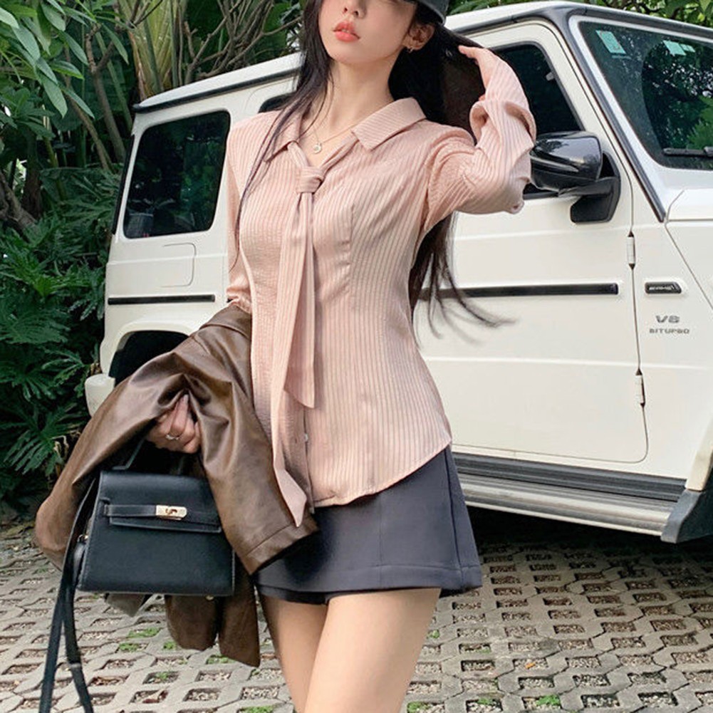 Lapel Neckline Casual Blouse in Attractive Pink Stripe Design for Women - Picture 14 of 24
