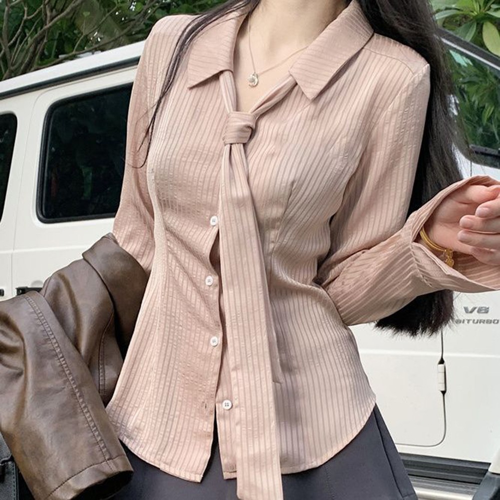Lapel Neckline Casual Blouse in Attractive Pink Stripe Design for Women - Picture 13 of 24