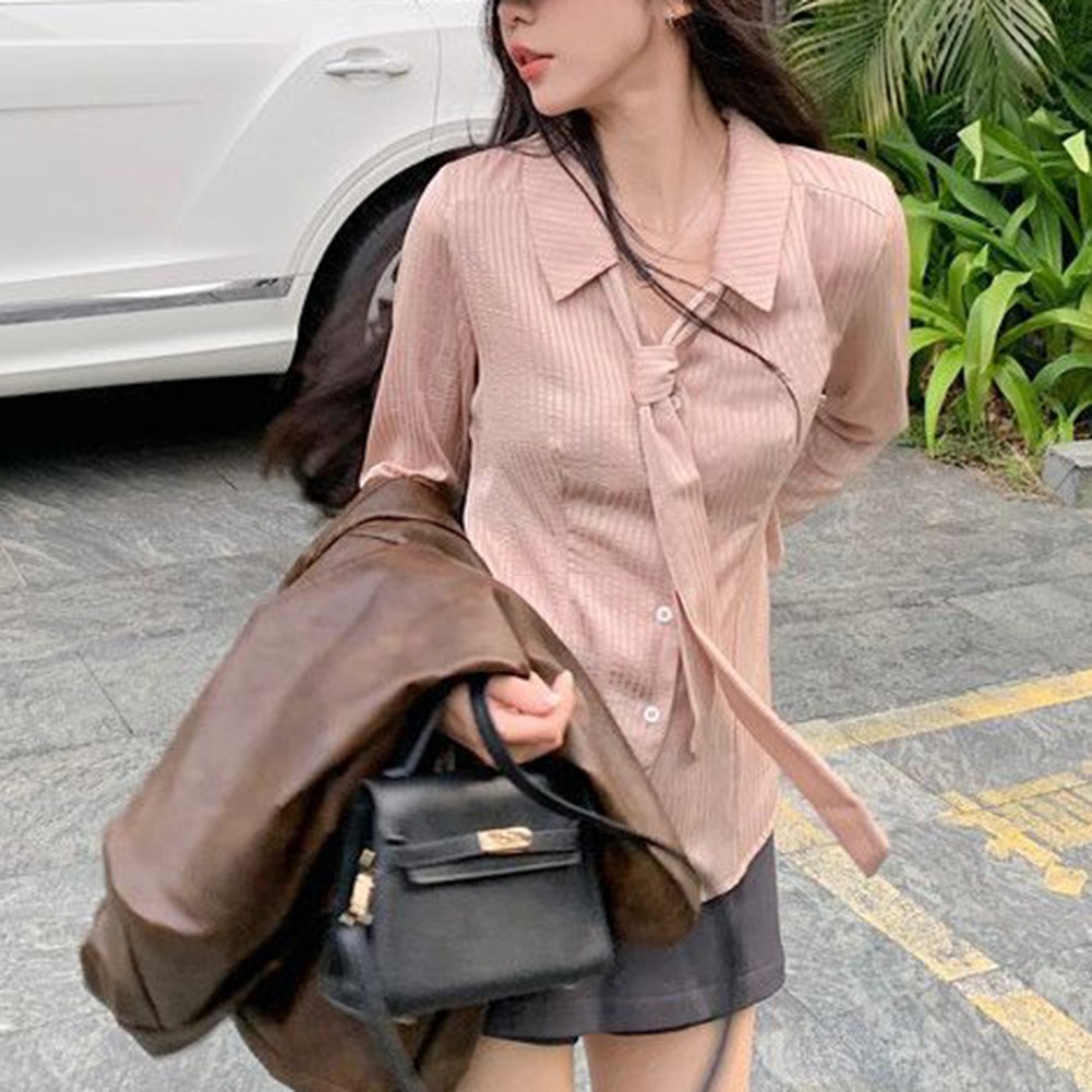 Lapel Neckline Casual Blouse in Attractive Pink Stripe Design for Women - Picture 16 of 24