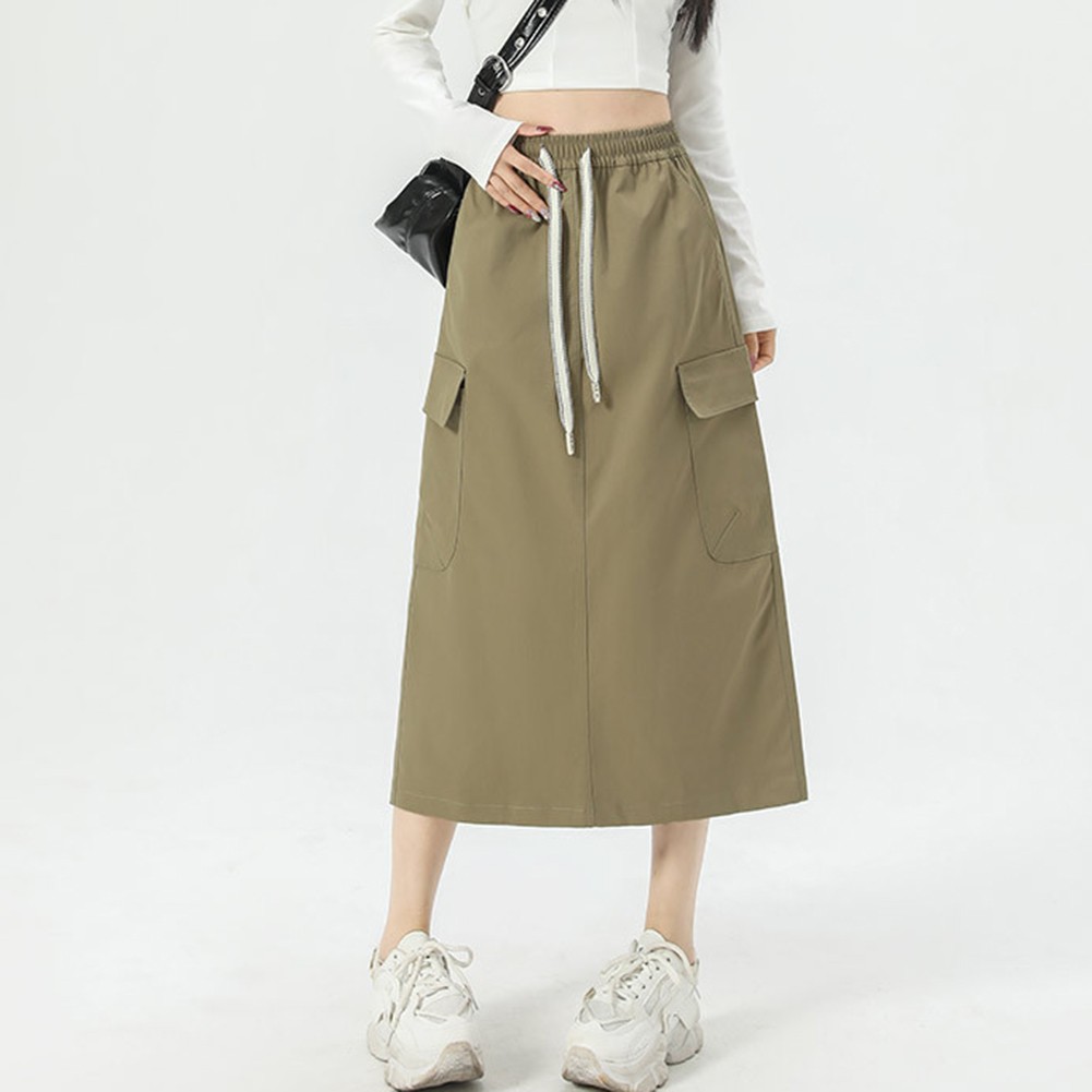 Simple Women Work Dress High Waist Maxi Skirt with Pockets for Daily Wear