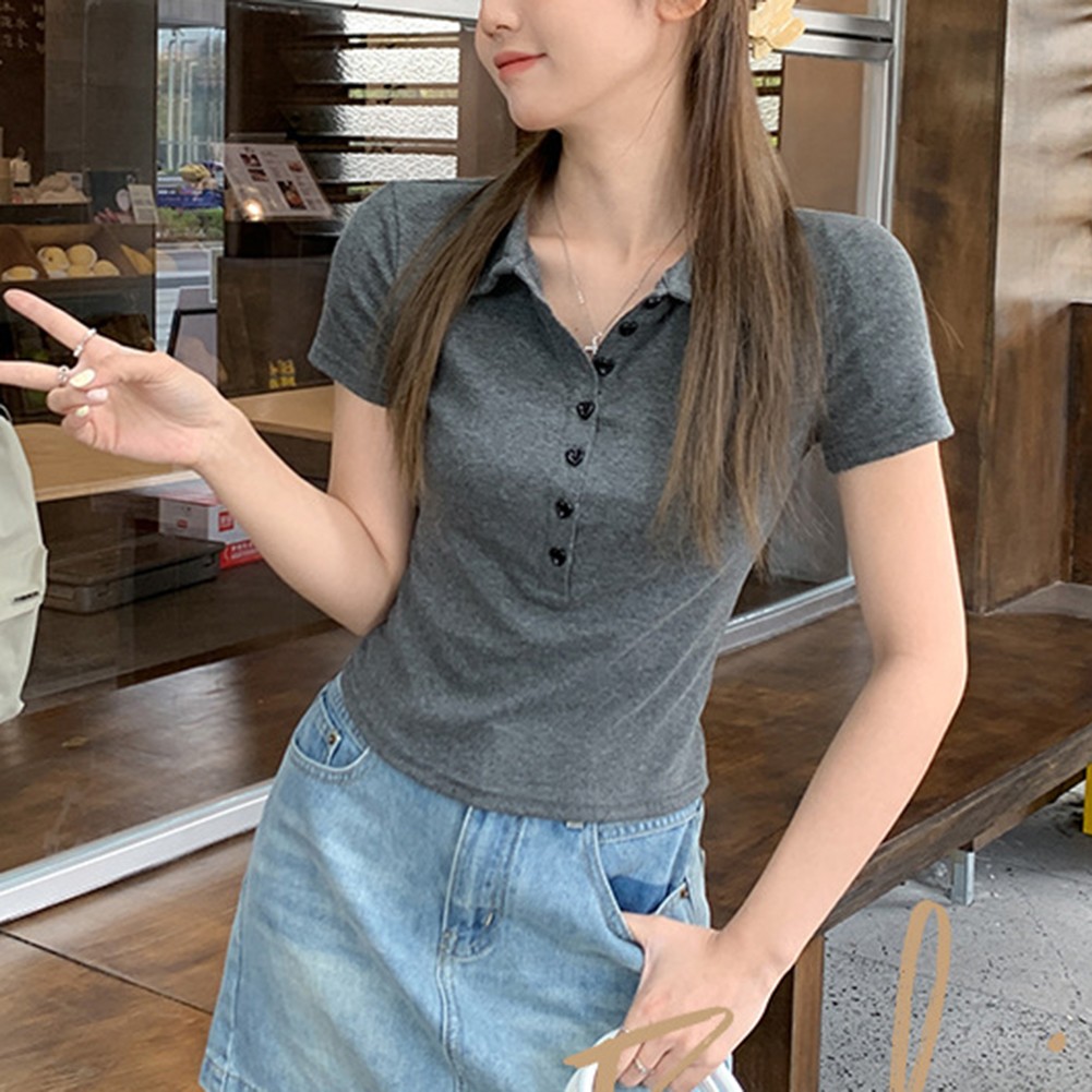 Casual Women's Lapel T Shirt with Short Sleeves Stylish and Functional Tops - Picture 9 of 14