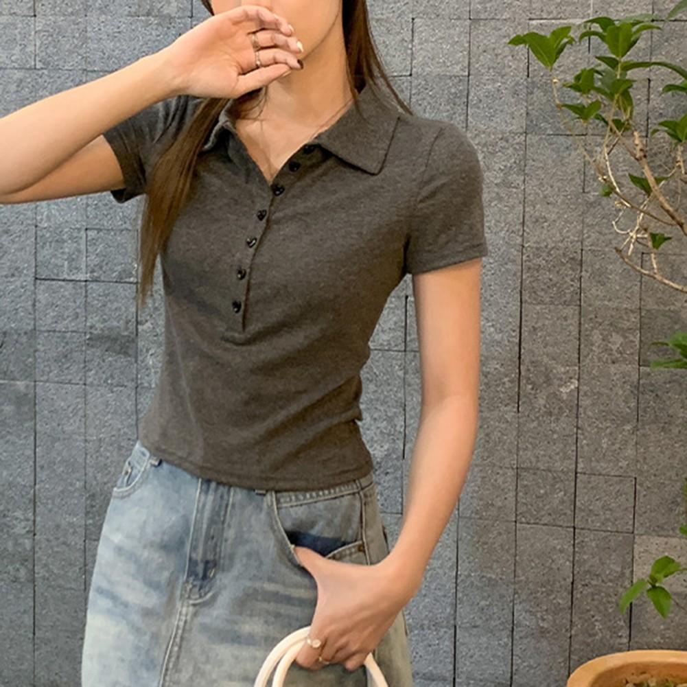 Casual Women's Lapel T Shirt with Short Sleeves Stylish and Functional Tops - Picture 12 of 14