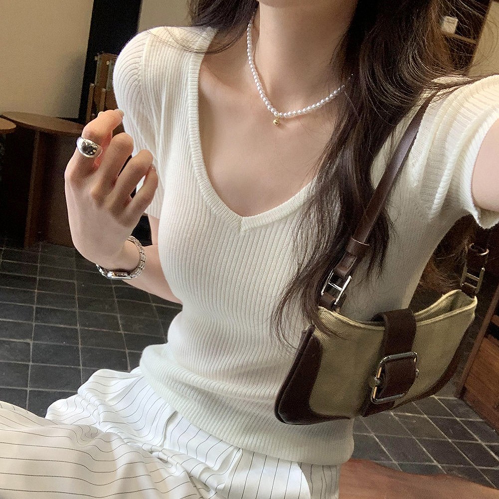 Sweater for Women Casual V Neck and Short Sleeves in a Stylish Slim Cut - Picture 13 of 17