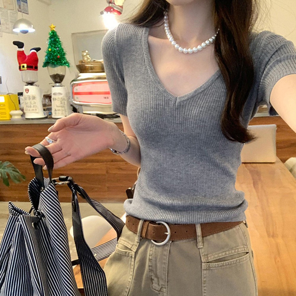 Sweater for Women Casual V Neck and Short Sleeves in a Stylish Slim Cut - Picture 16 of 17