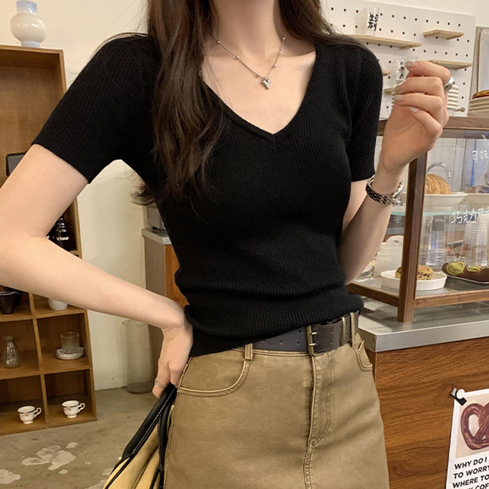 Sweater for Women Casual V Neck and Short Sleeves in a Stylish Slim Cut - Picture 9 of 17