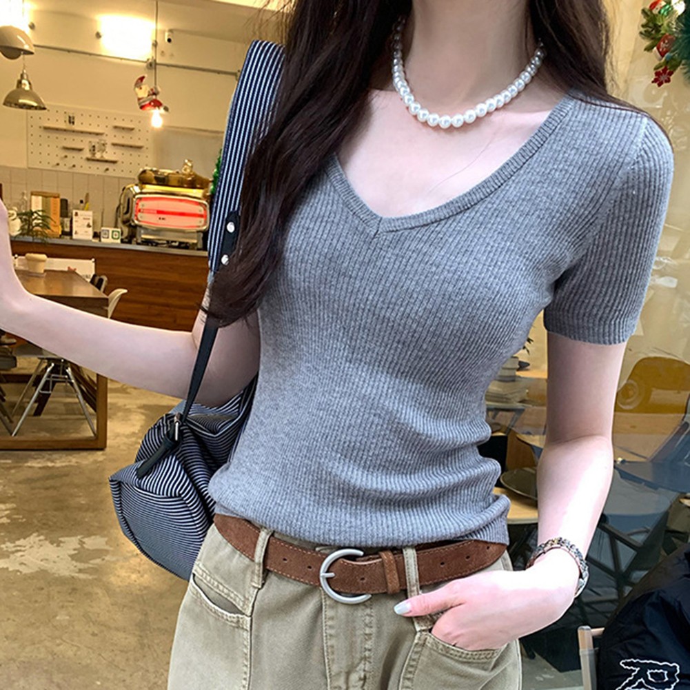 Sweater for Women Casual V Neck and Short Sleeves in a Stylish Slim Cut - Picture 15 of 17