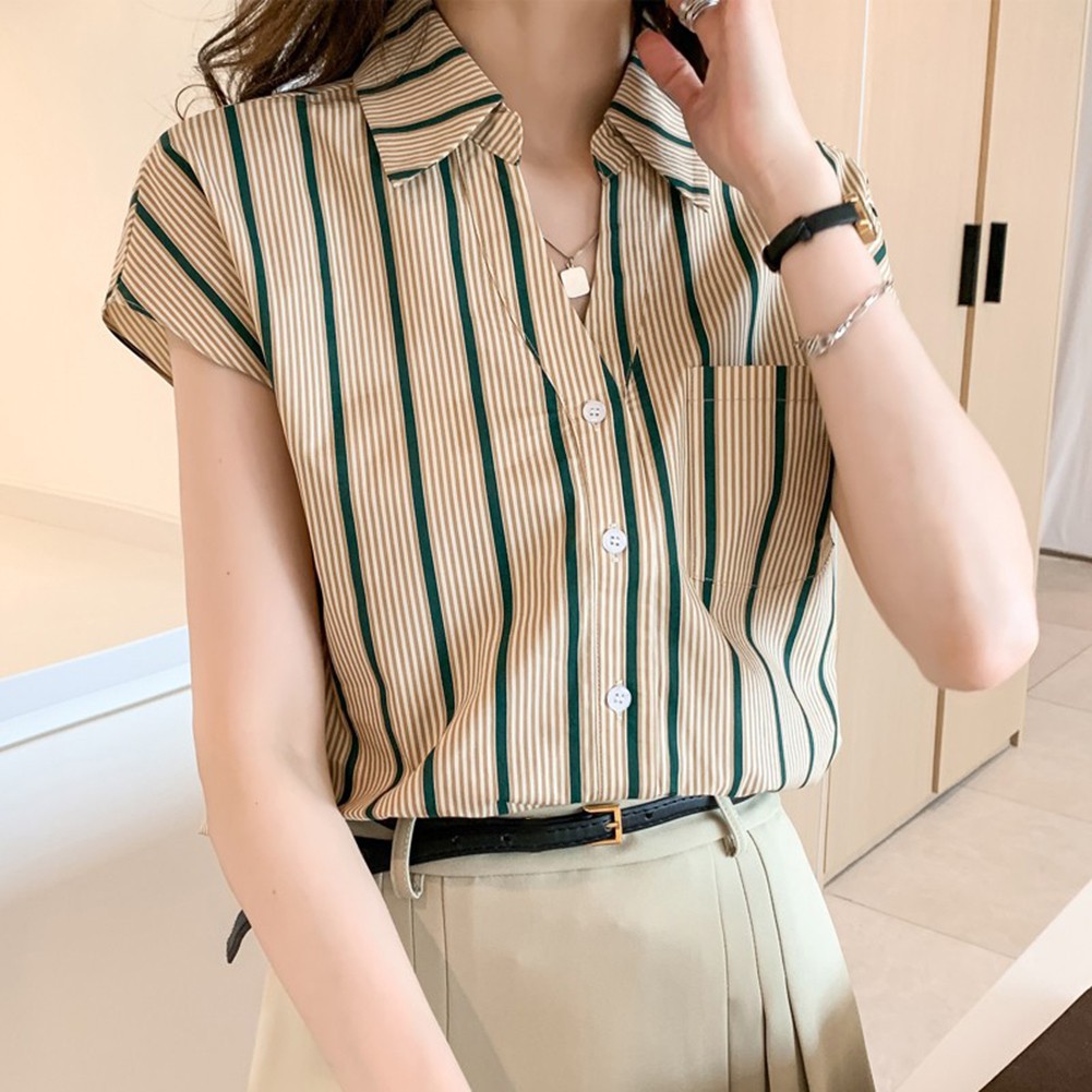 Chiffon Shirt für Damen Casual Style mit Streifenmuster und Reversausschnitt - Picture 17 of 36