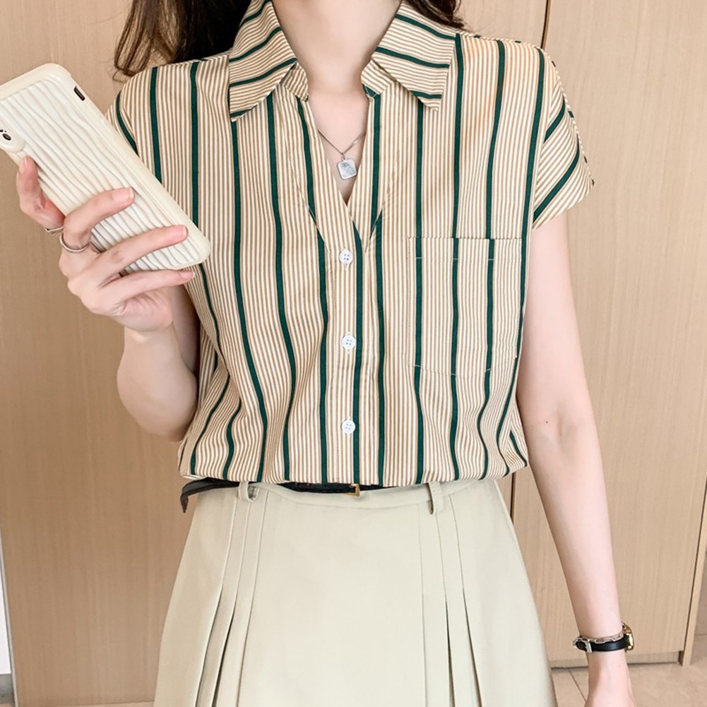 Chiffon Shirt für Damen Casual Style mit Streifenmuster und Reversausschnitt - Picture 15 of 36