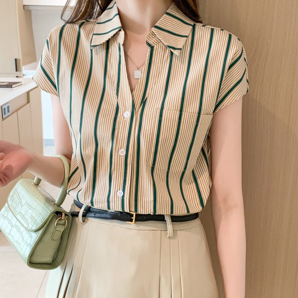 Chiffon Shirt für Damen Casual Style mit Streifenmuster und Reversausschnitt - Picture 16 of 36