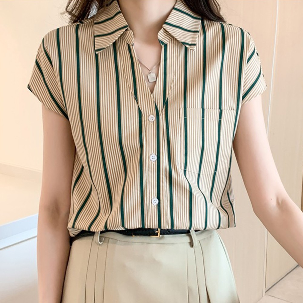 Chiffon Shirt für Damen Casual Style mit Streifenmuster und Reversausschnitt - Picture 13 of 36