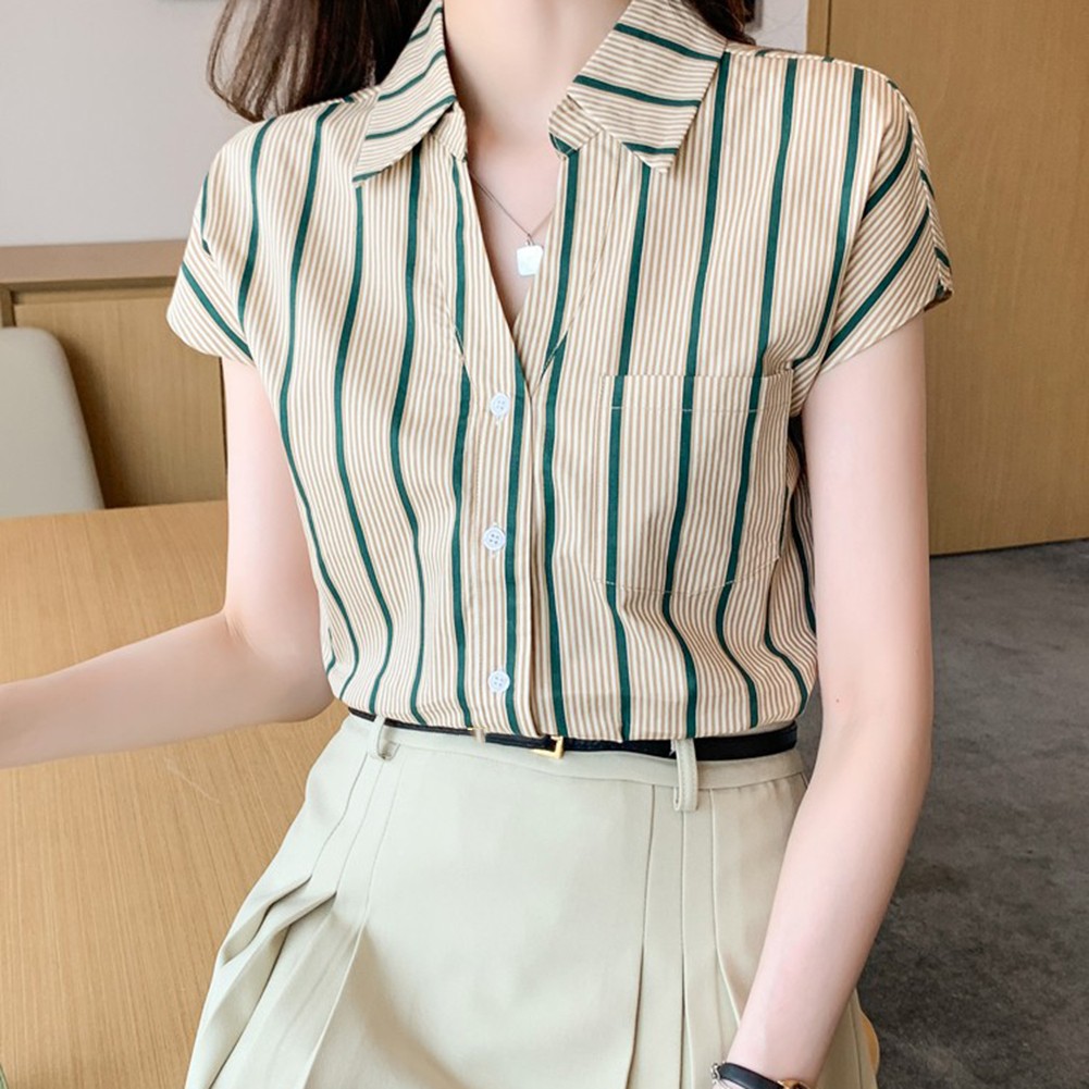 Chiffon Shirt für Damen Casual Style mit Streifenmuster und Reversausschnitt - Picture 18 of 36