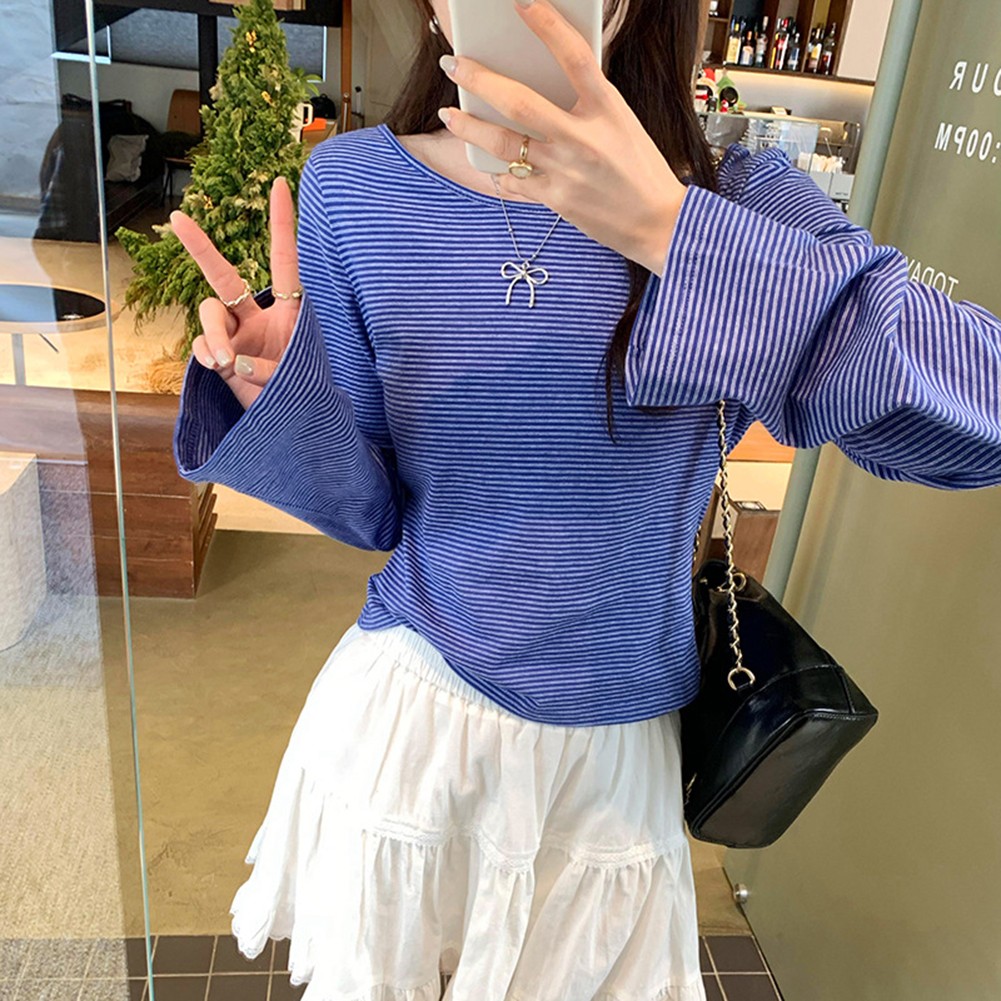 Fashionable Striped Long Sleeve Tee for Women Vintage Glamour Casual Top - Picture 20 of 44
