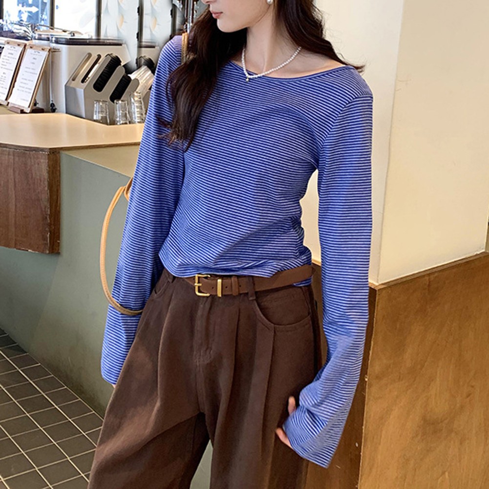 Fashionable Striped Long Sleeve Tee for Women Vintage Glamour Casual Top - Picture 13 of 44