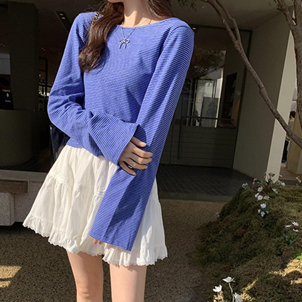 Fashionable Striped Long Sleeve Tee for Women Vintage Glamour Casual Top - Picture 17 of 44