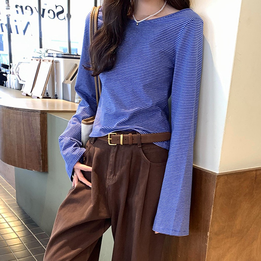 Fashionable Striped Long Sleeve Tee for Women Vintage Glamour Casual Top - Picture 14 of 44
