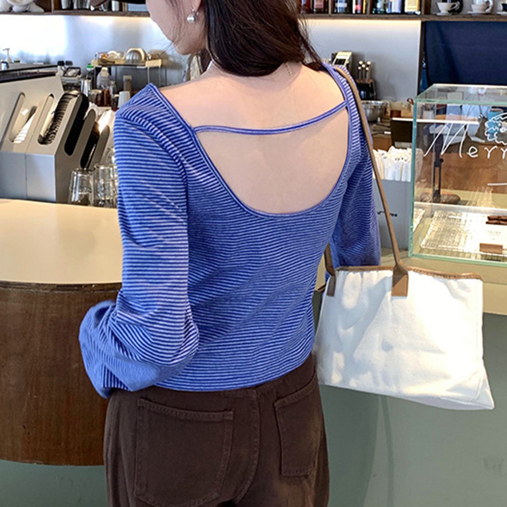 Fashionable Striped Long Sleeve Tee for Women Vintage Glamour Casual Top - Picture 15 of 44