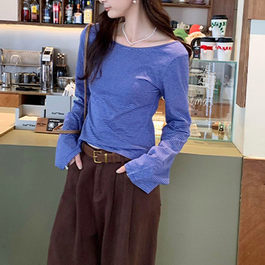 Fashionable Striped Long Sleeve Tee for Women Vintage Glamour Casual Top - Picture 19 of 44