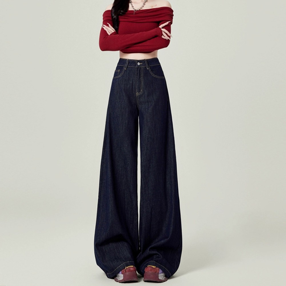 Simplistic Charm Women's Easy Wear Dark Blue Wide Leg Jeans with a Classic Cut