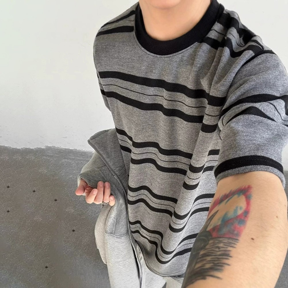 Mens Striped Short Sleeve T Shirt Comfortable Loose Fit for