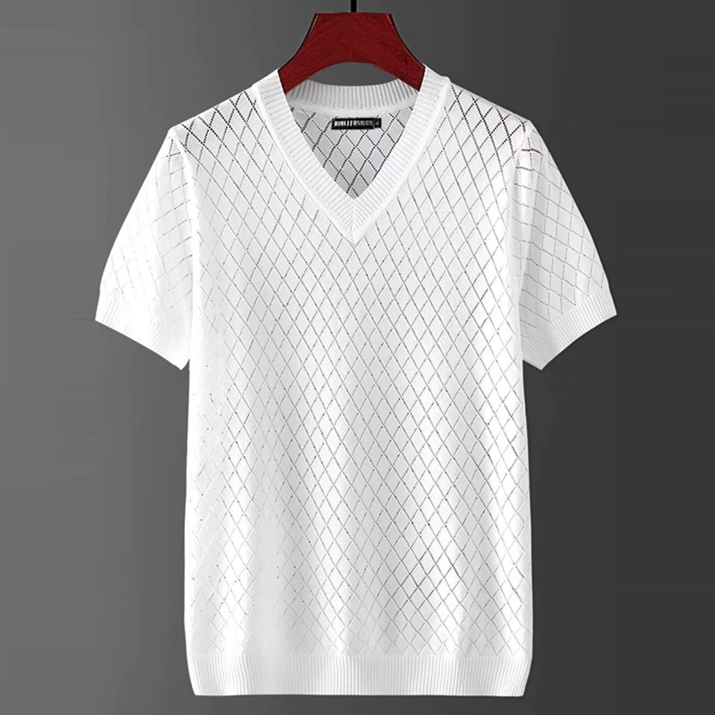 Modern Men's Summer T Shirt in Ice Silk with Hollow and V Neck Features - Picture 11 of 17