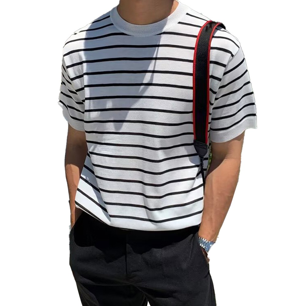 Casual Men's Striped Slim Fit Top with Elastic Round Neck and Short Sleeves - Picture 12 of 19