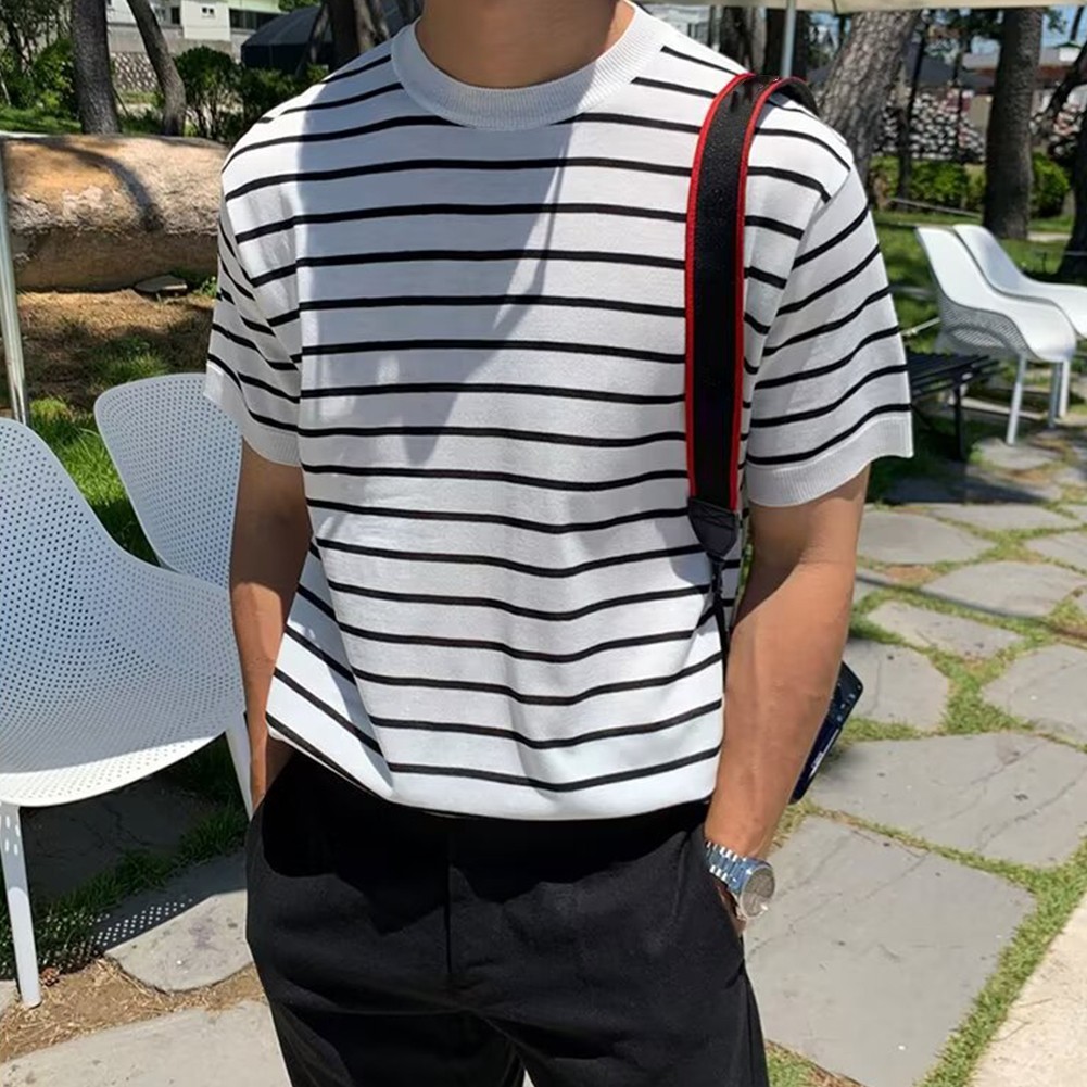 Casual Men's Striped Slim Fit Top with Elastic Round Neck and Short Sleeves - Picture 13 of 19