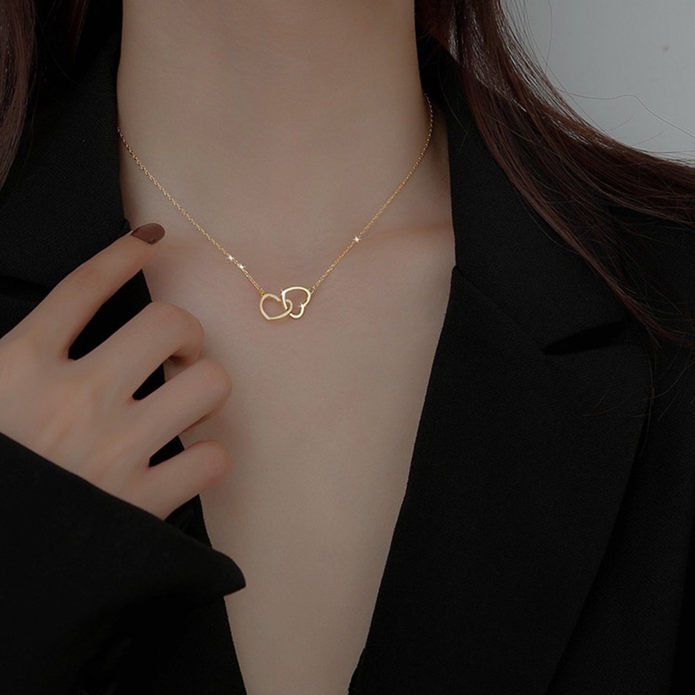Sophisticated Double Ring Heart Necklace for Women Perfect Everyday Accessory - Picture 13 of 14