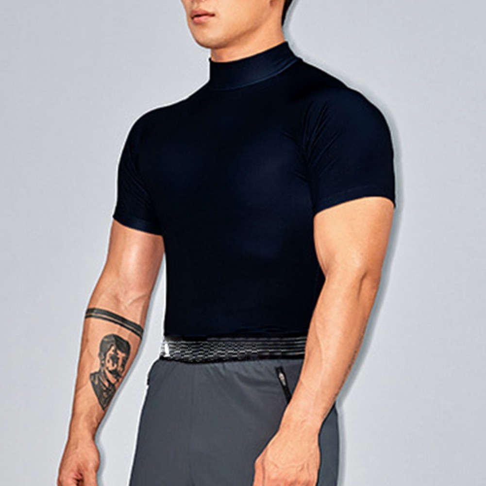 Casual Mens T Shirt with Turtleneck and Short Sleeves for Fitness Enthusiasts - Picture 14 of 36