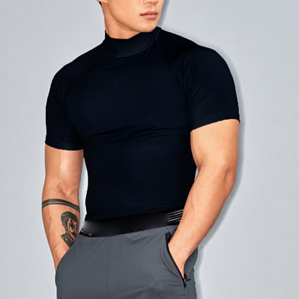 Casual Mens T Shirt with Turtleneck and Short Sleeves for Fitness Enthusiasts - Picture 16 of 36