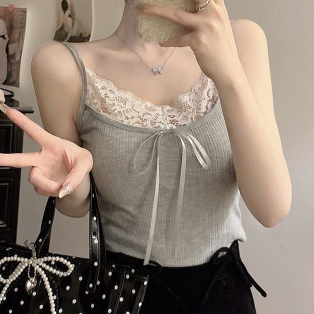 Women Bow Lace Camisole Elastic Vest Casual Inner Wear in Various Colors - Picture 13 of 14