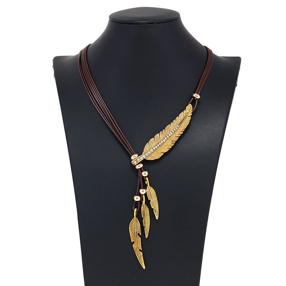 Trendy Multi Layer Tassel Necklace Featuring Feather Leaf and Diamonds - Picture 14 of 15