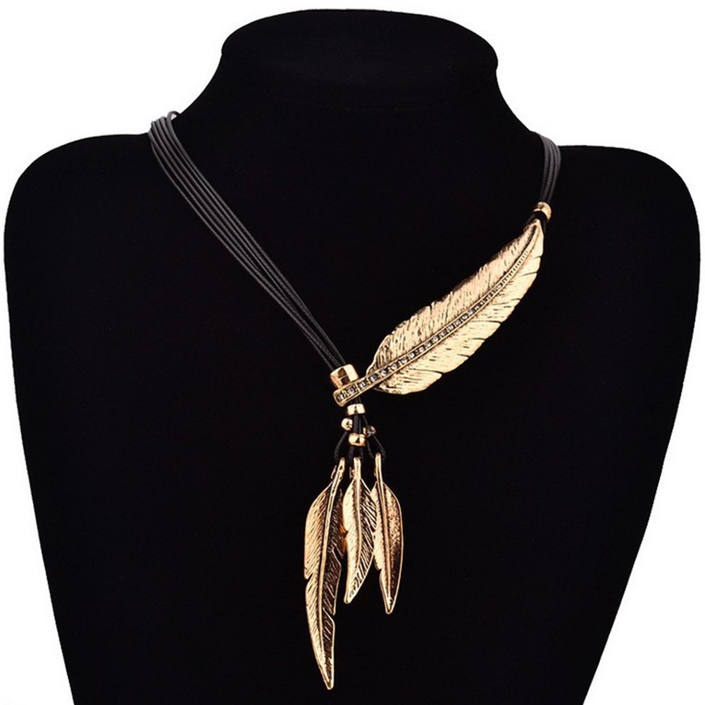 Trendy Multi Layer Tassel Necklace Featuring Feather Leaf and Diamonds - Picture 13 of 15