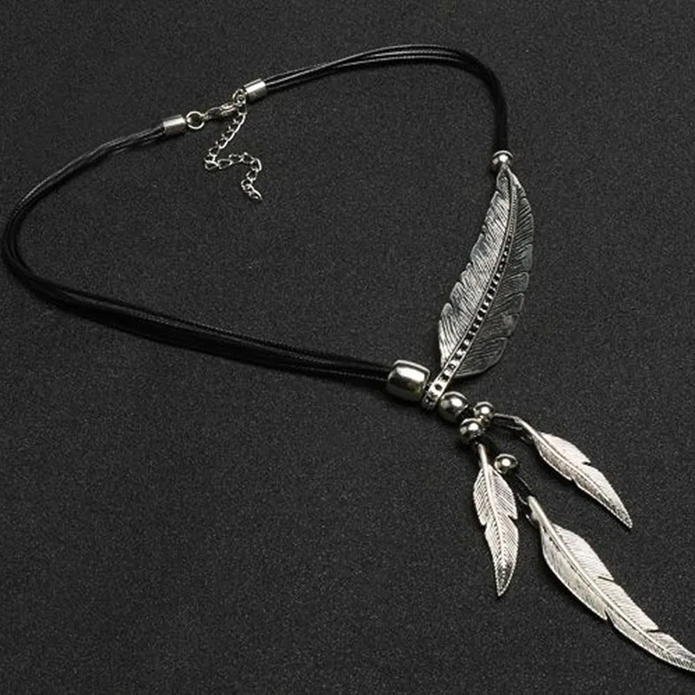 Trendy Multi Layer Tassel Necklace Featuring Feather Leaf and Diamonds - Picture 15 of 15