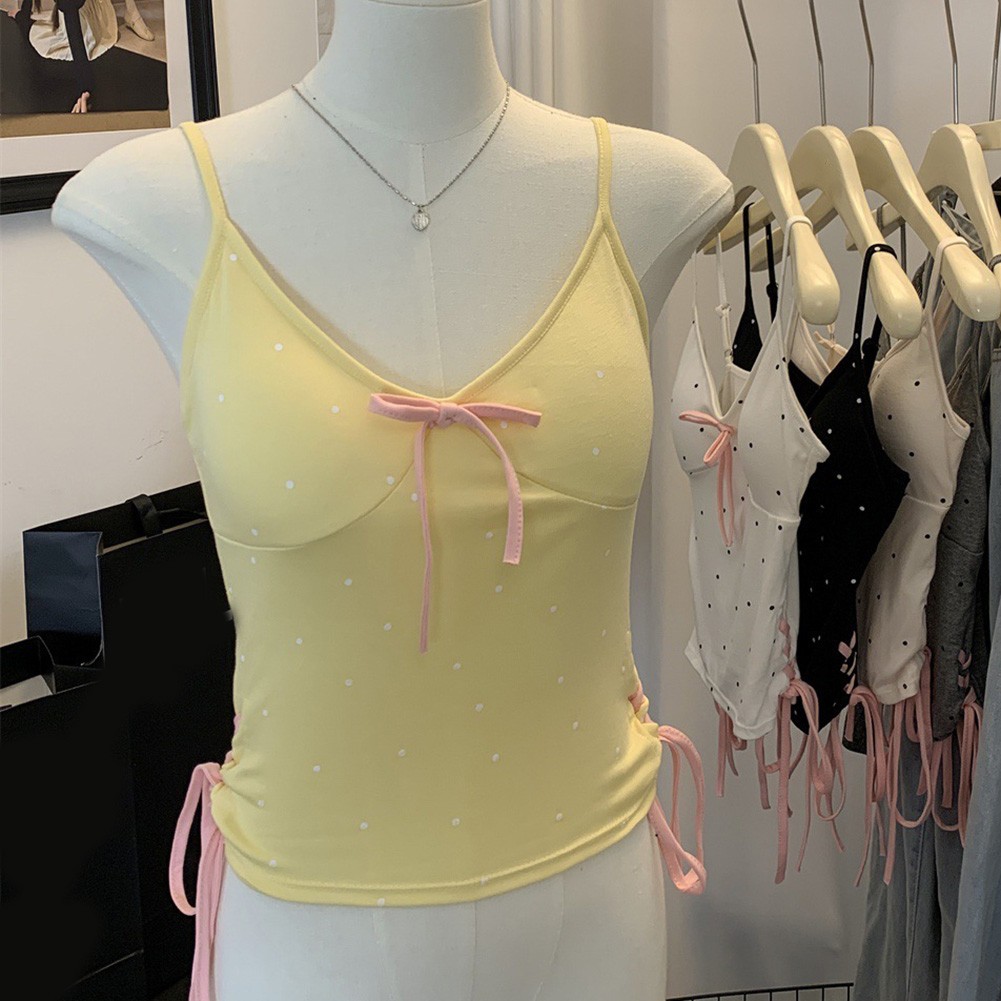 Casual Women's V Neck Camisole with Bow and Polka Dot Pattern for All Seasons - Picture 25 of 25