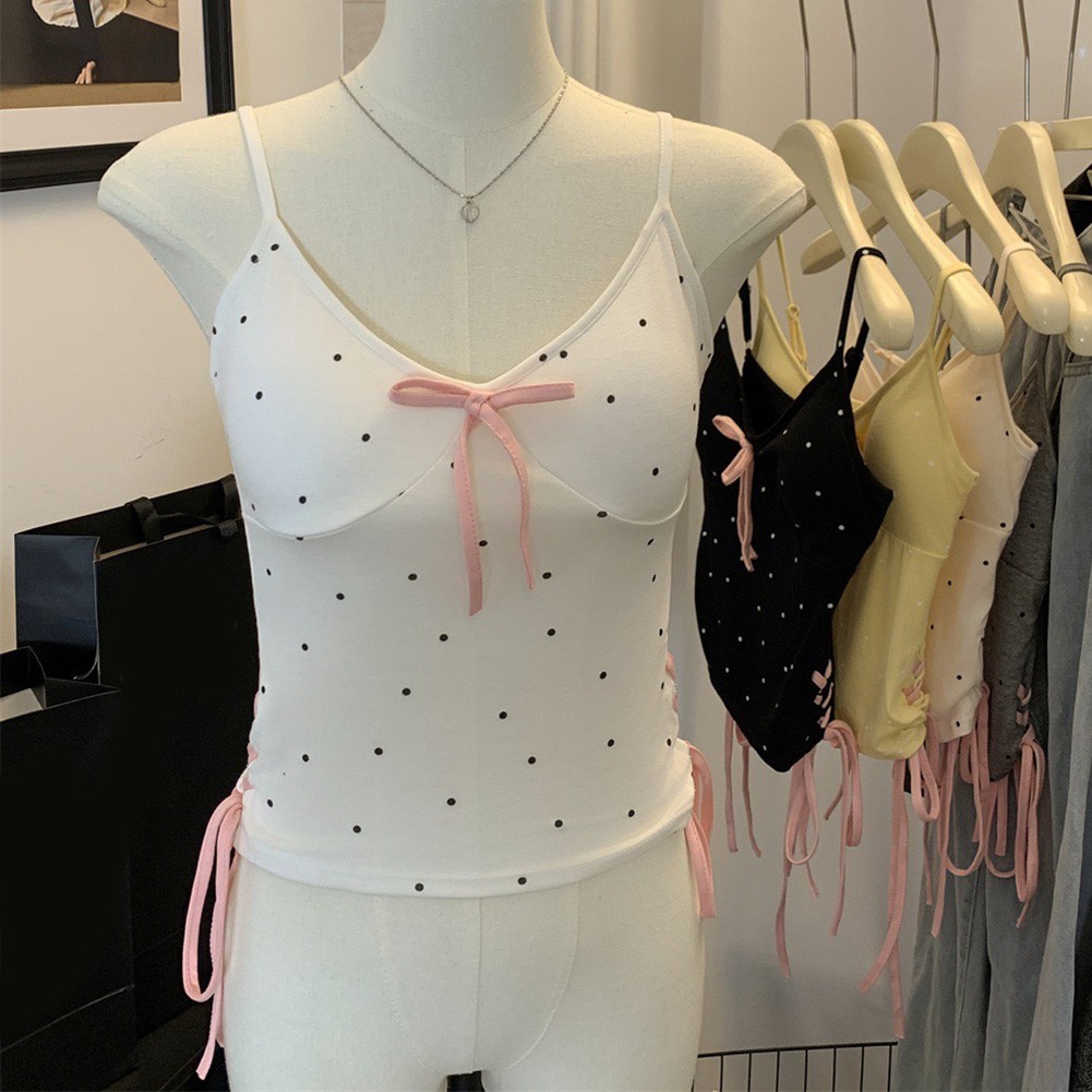 Casual Women's V Neck Camisole with Bow and Polka Dot Pattern for All Seasons - Picture 12 of 25
