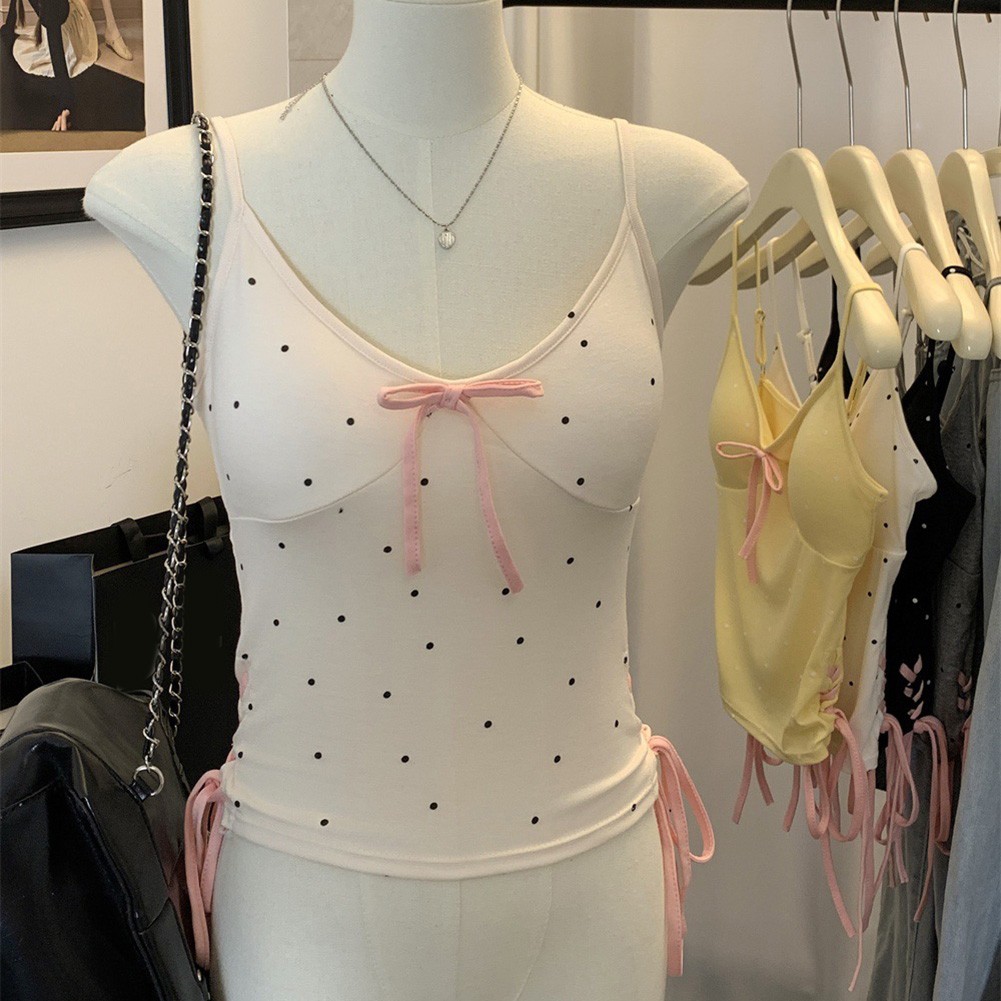 Casual Women's V Neck Camisole with Bow and Polka Dot Pattern for All Seasons - Picture 14 of 25