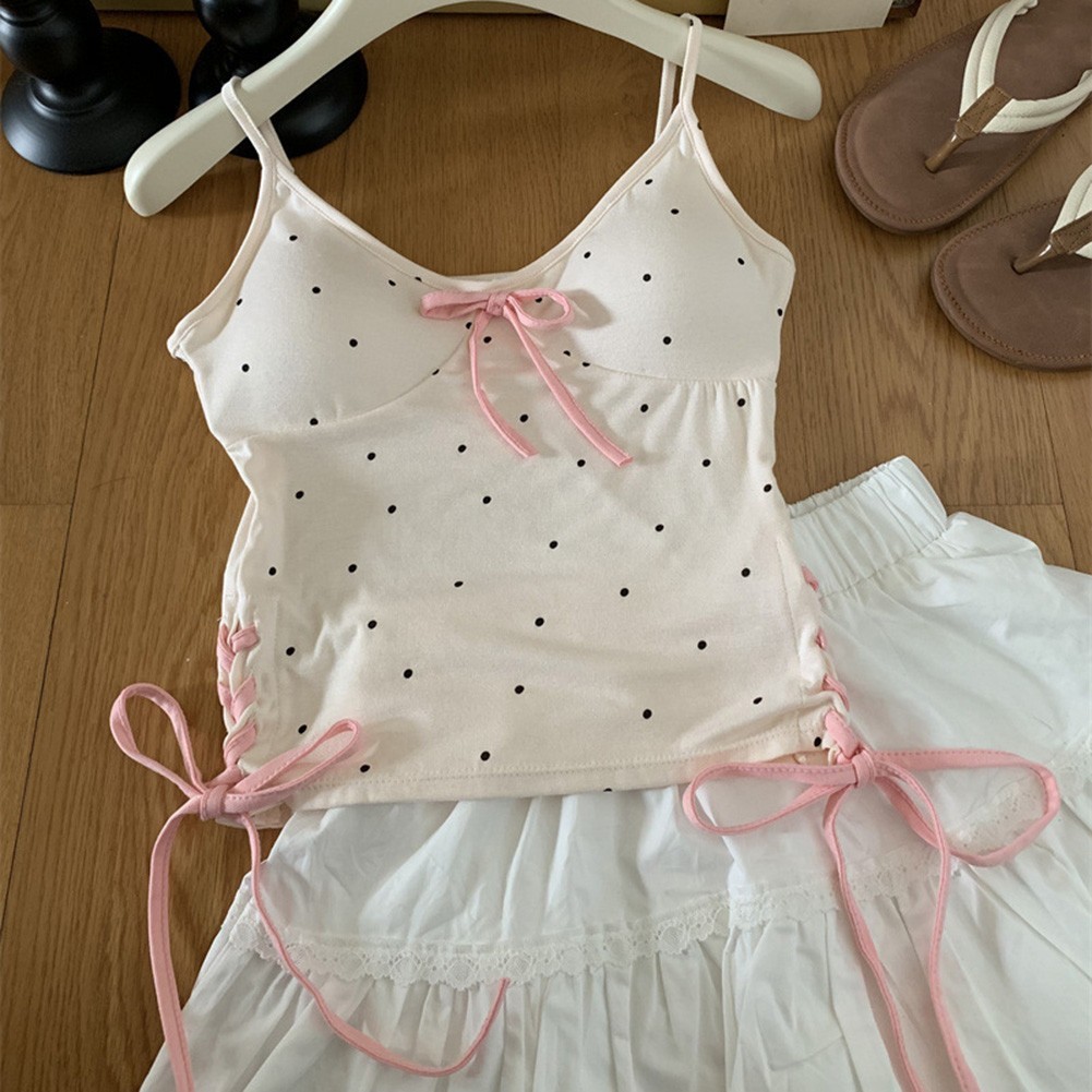 Casual Women's V Neck Camisole with Bow and Polka Dot Pattern for All Seasons - Picture 16 of 25