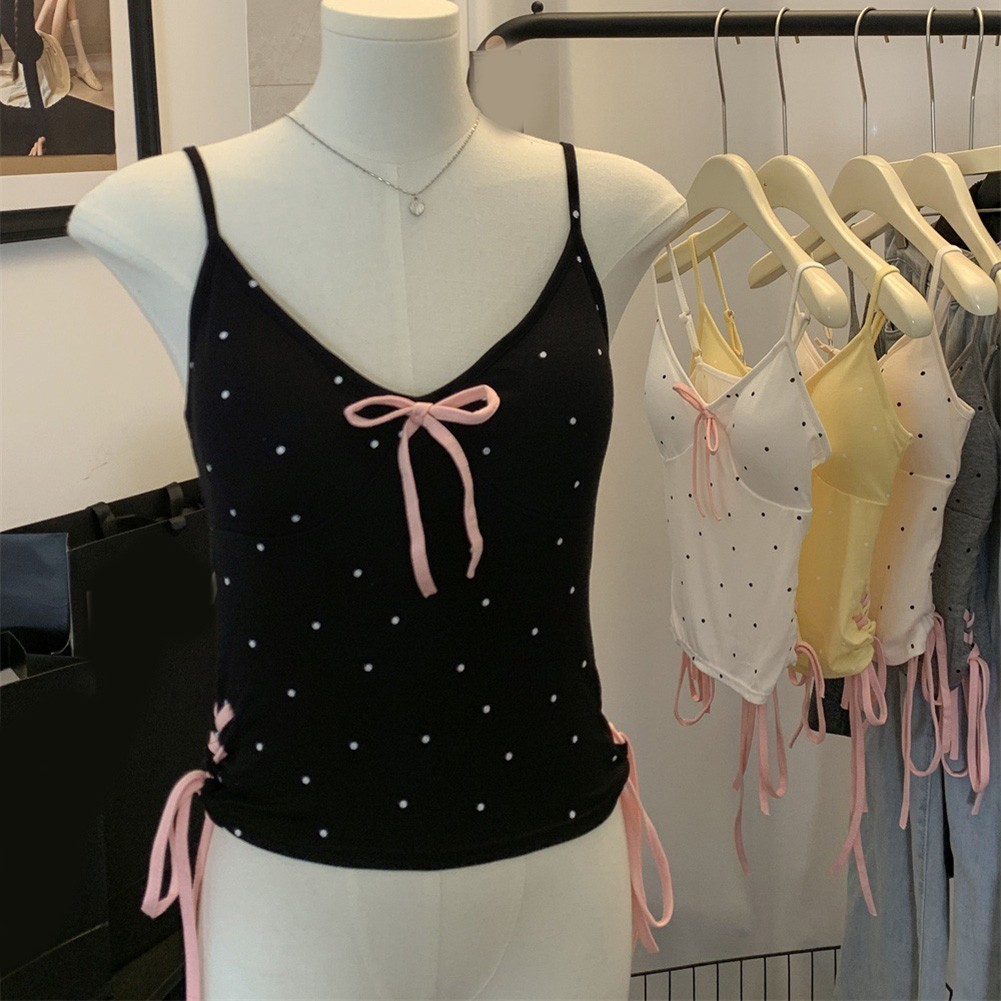 Casual Women's V Neck Camisole with Bow and Polka Dot Pattern for All Seasons - Picture 23 of 25