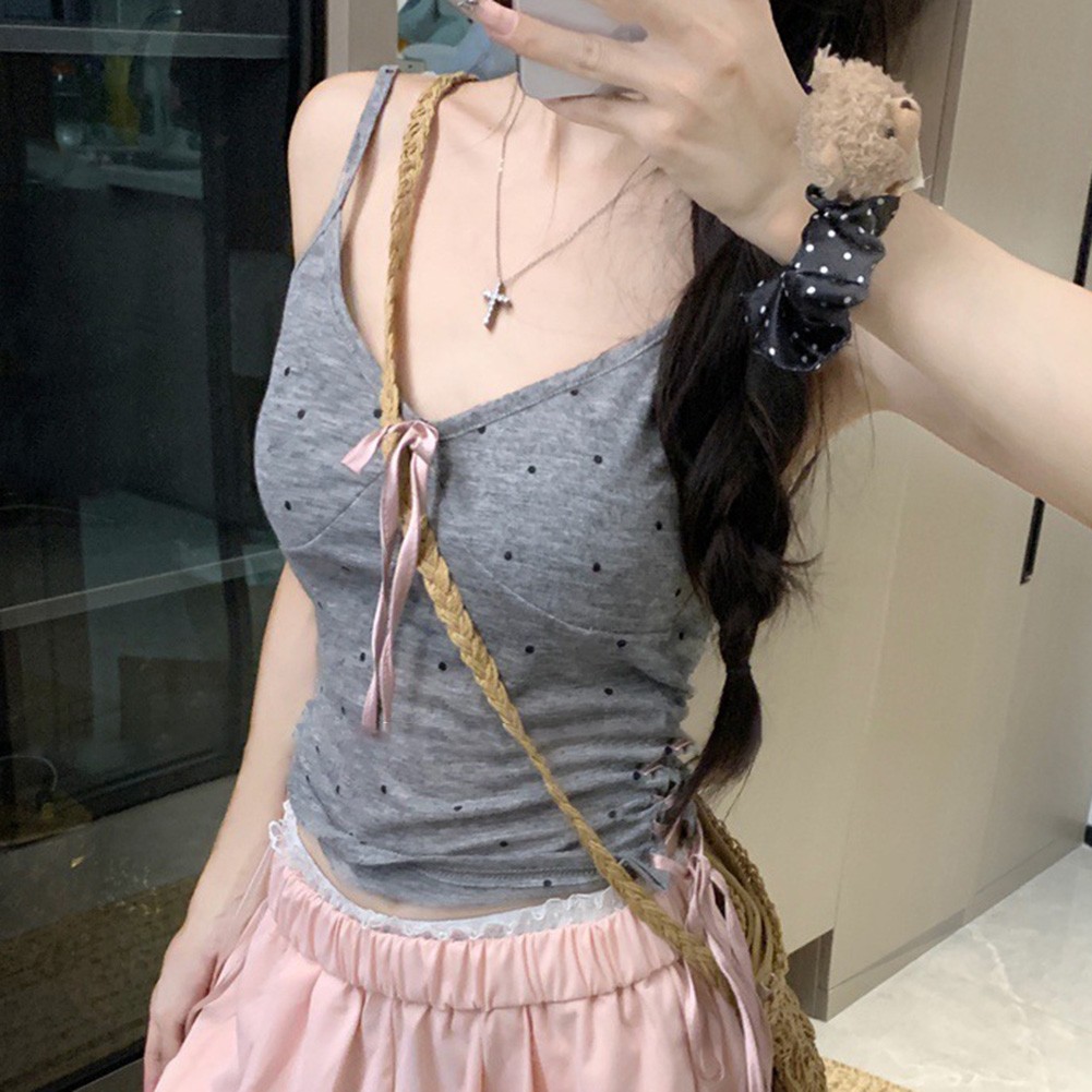 Casual Women's V Neck Camisole with Bow and Polka Dot Pattern for All Seasons - Picture 22 of 25