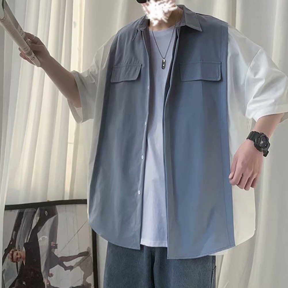 Prendas para el torso sueltas informales estilo coreano para hombre dos piezas look retro manga corta - Imagen 15 de 52