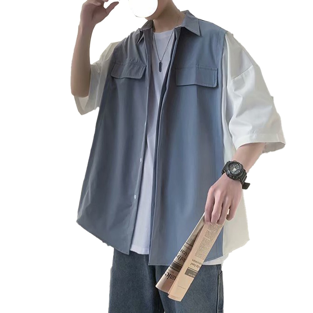 Prendas para el torso sueltas informales estilo coreano para hombre dos piezas look retro manga corta - Imagen 13 de 52