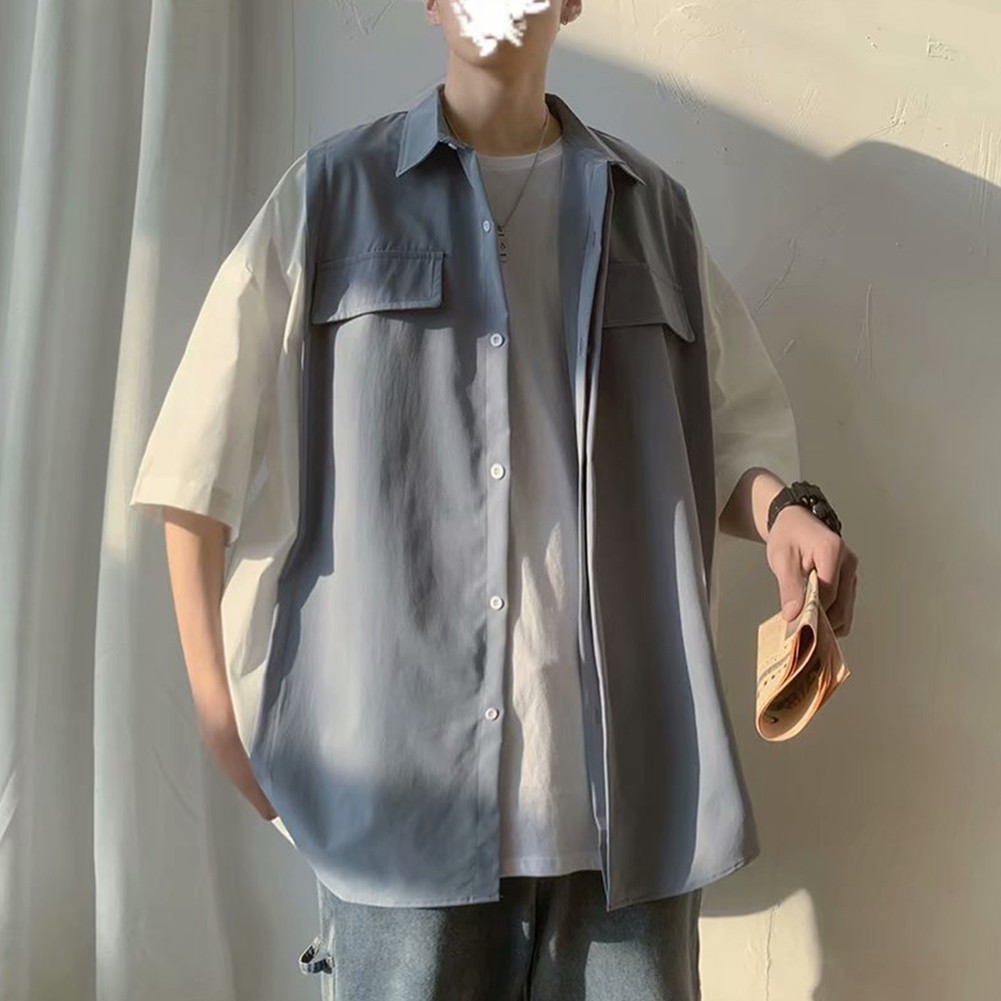 Prendas para el torso sueltas informales estilo coreano para hombre dos piezas look retro manga corta - Imagen 22 de 52