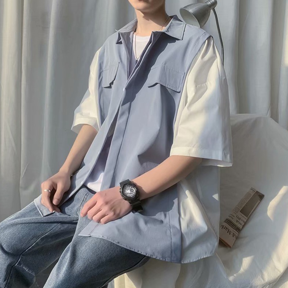 Prendas para el torso sueltas informales estilo coreano para hombre dos piezas look retro manga corta - Imagen 18 de 52