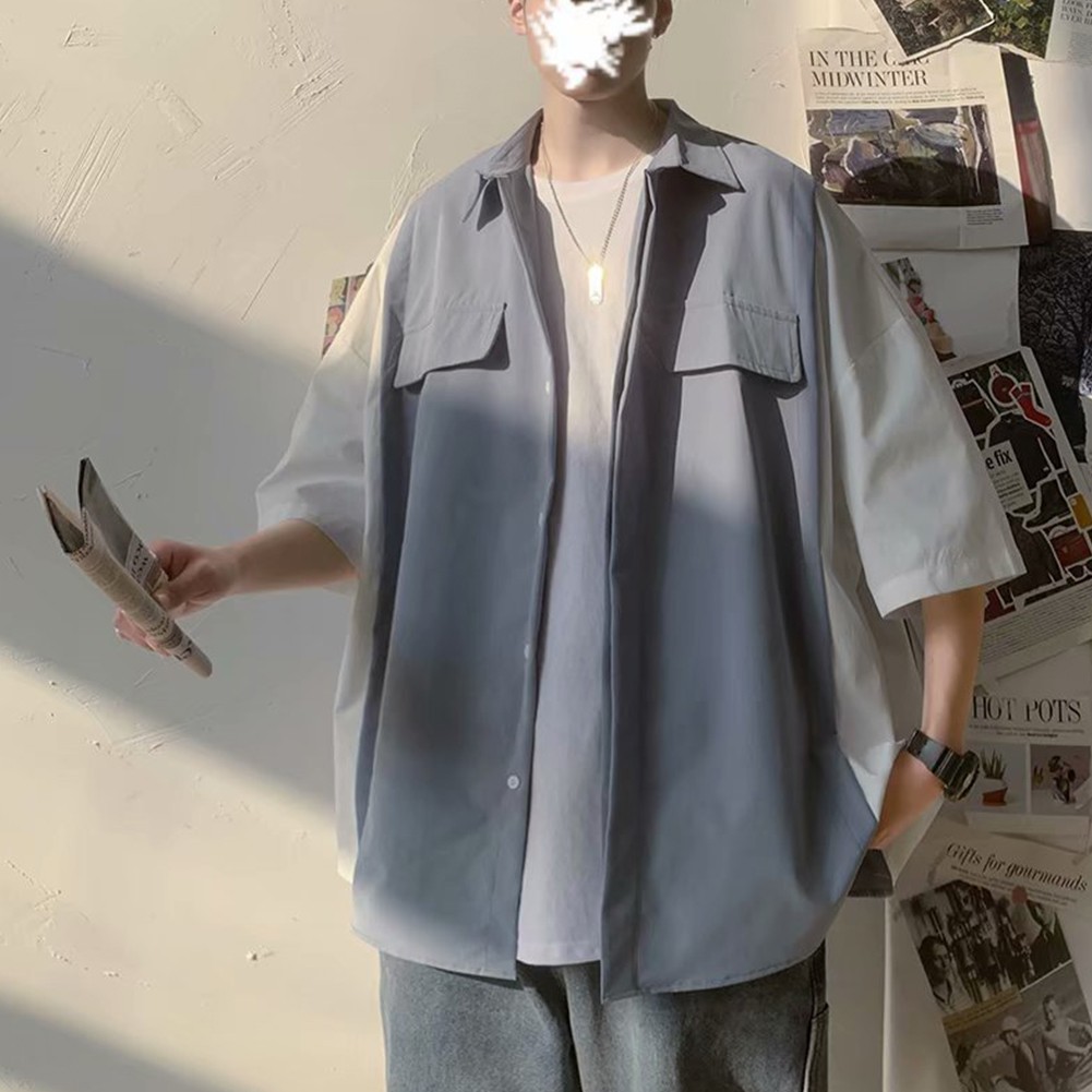 Prendas para el torso sueltas informales estilo coreano para hombre dos piezas look retro manga corta - Imagen 21 de 52